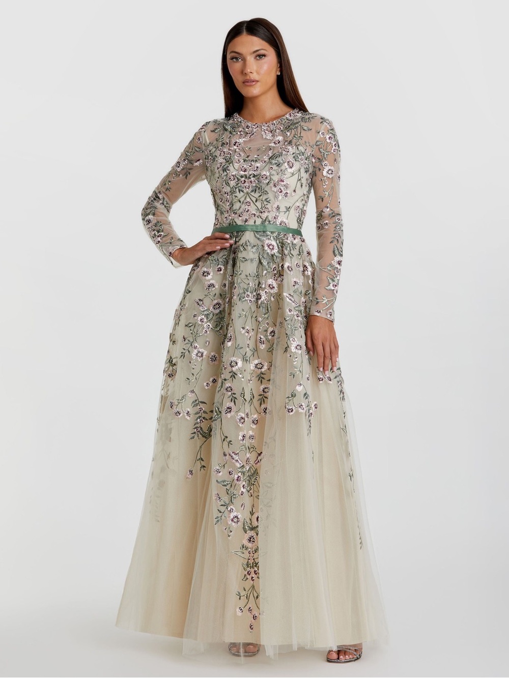 MAC DUGGAL Ivory Long Sleeve Floral Embellished A-Line Gown